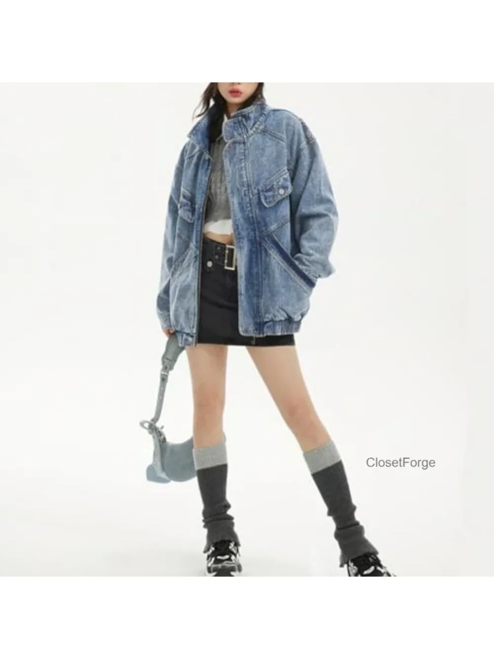 Oversized Stand Collar Shacket Jean Jacket Zip Up Distressed Frayed Denim